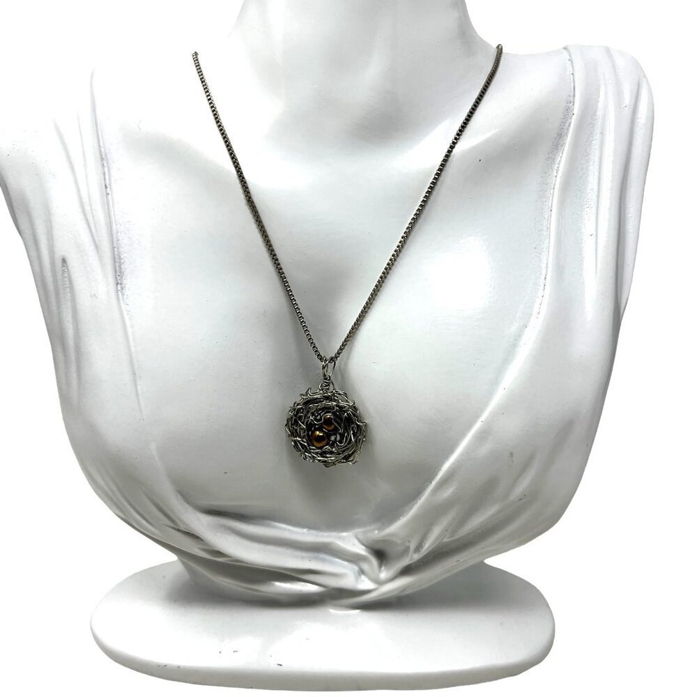 Silver Tone Bird Nest Pendant‎ with Gold Tone Eggs 20 inch Chain